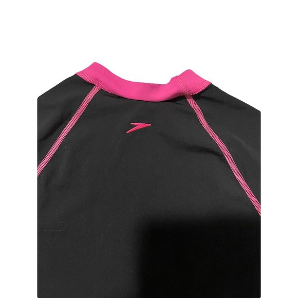 Speedo Girls Logo Short Sleeves Sun Top Black Pink Diamond Rashie Swim Sz 10 - Picture 8 of 9